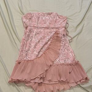 Strapless Pink Lace & Pleated Mini Dress